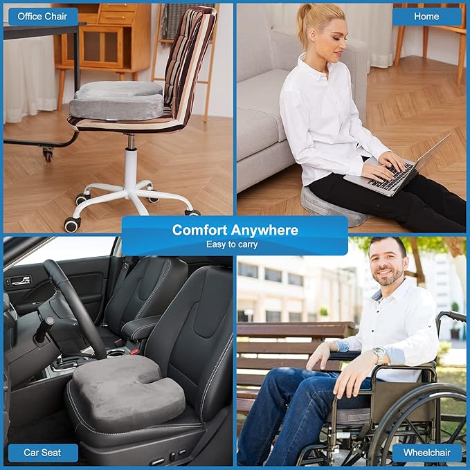 Bomdaia Seat Cushion for Office Chair, Memory Foam Coccyx Cushion Pad, Desk Chair Car Seat Cushion for Tailbone, Sciatica, Lower Back Pain Relief (Gray)