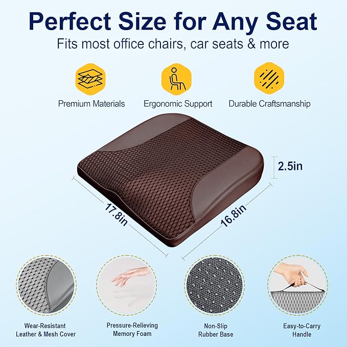 kingphenix Car Seat Cushion – Memory Foam Pad for Driving Comfort – Boosts Height and Relieves Coccyx & Lower Back Pain – Car, Truck, Office Chair (Brown)