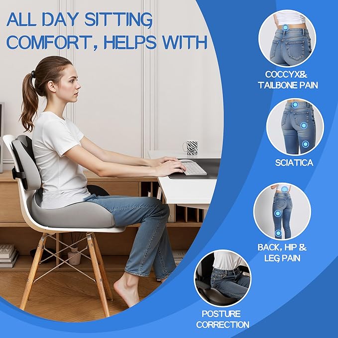 Benazcap X Large Memory Foam Seat Cushion Lumbar Support Pillow for Sciatica & Tailbone Pressure Relief Coccyx Pad for Office Chair, Wheelchair, Car, Home, Office