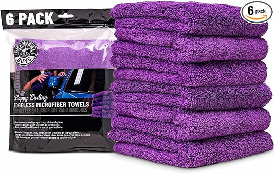Chemical Guys Happy Ending Ultra Plush Edgeless Microfiber Towel Purple 6 Pack - Scratch-Free Detailing Cloth for Drying, Buffing, and Polishing All Surfaces (MIC34806)