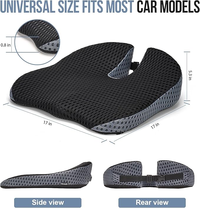 Car Seat Cushion, Memory Foam Car Wedge Seat Cushion for Driving, Height Booster & Posture Support, 4D Mesh Seat Pad with Adjustable Straps - Universal Fit for Car, Truck, Vehicle