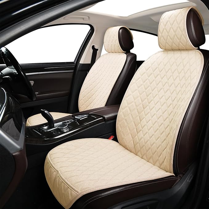 2PCS Linen Front Seat Covers for Cars Sideless Seat Covers Breathable Cloth Fabric Car Seat Protector Universal Fit Most Automotive, SUV, Trucks, Van(Beige)