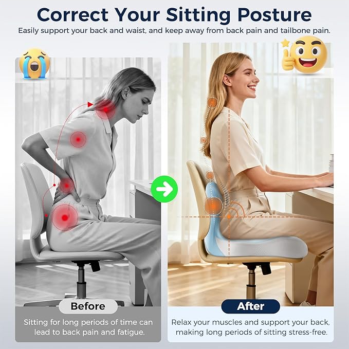 Seat Cushion, Office Chair Cushions for Lower Back Tailbone Protect, Seat Cushions for Office Chair with L-Shaped Ergonomic Design, Memory Foam Chair Cushion for Long Sitting Office Worker(Blue Grey)