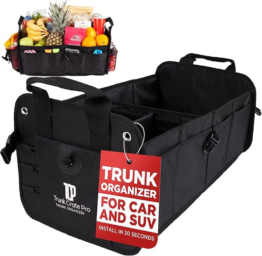 TRUNKCRATEPRO Car Organizers and Storage Premium Adjustable Multi Compartments Car Storage Organizer | Portable and Foldable SUV Trunk Organizer for Car (Standard size, black)