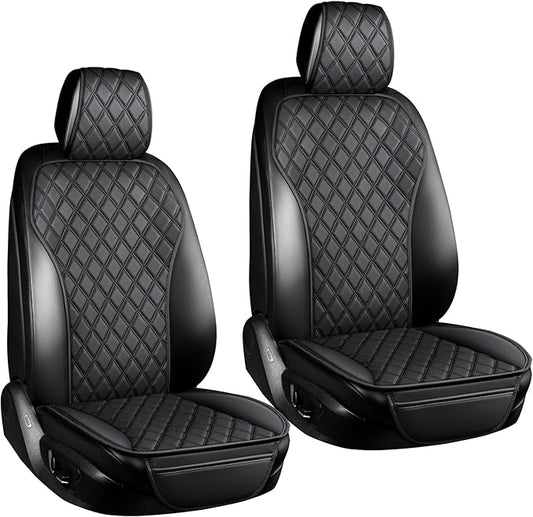 2PCS Leather Car Seat Covers, Front Seat Covers with Steering Wheel Cover and Two Seat Belt Pads, Waterproof Seat Protector for Cars Universal Fit 95% Vehicles (Black)