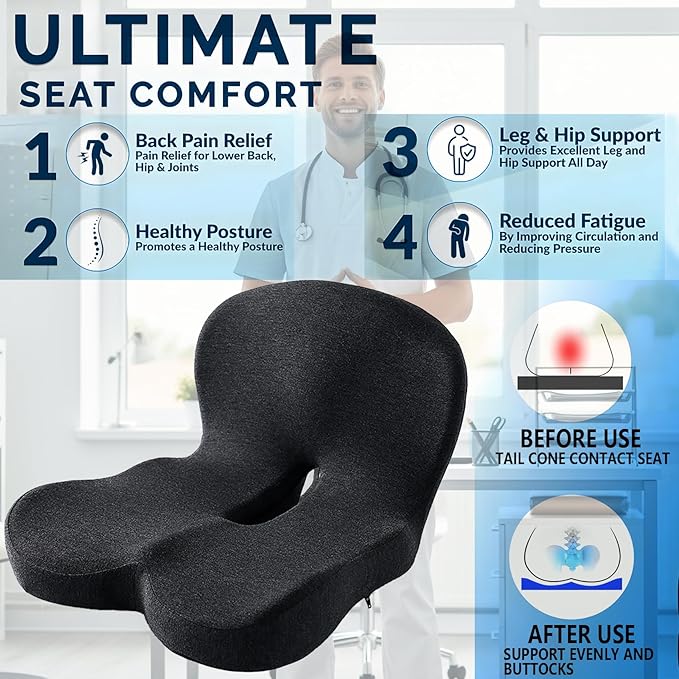 Memory Foam Seat Cushion for Truck Driver Office Chair Cushion Home Chair Cushion Car Seat Cushion Non Slip Pad Sitting Ergonomic Cushions for Office Workers Car Drivers (Black)