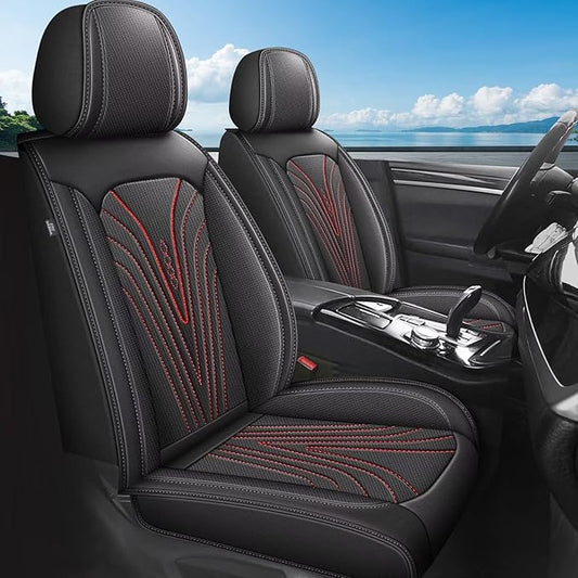 2 Front Car Seat Cover Fit for Nissan Frontier 2009-2024 2025 Faux Leather Seat Cover Cushion Protector Breathable Waterproof Compatible Airbag (2 Seats& Red Line)