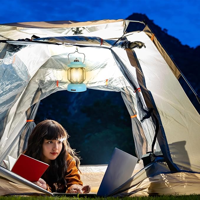 Rechargeable LED Camping Lanterns, Vintage Camping Lights Battery Operated, Portable Retro Metal Glamping Lights for Hiking, Hurricane, Decoration, Power outages, Blue, 2 Pack