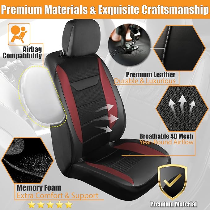 kingphenix 2PCs Memory Foam Leather Car Seat Covers, Breathable 4D Mesh, Easy Install Automotive Seat Protectors, Airbag Compatible, Universal Fit for Cars, Trucks, Vans, SUV - Red