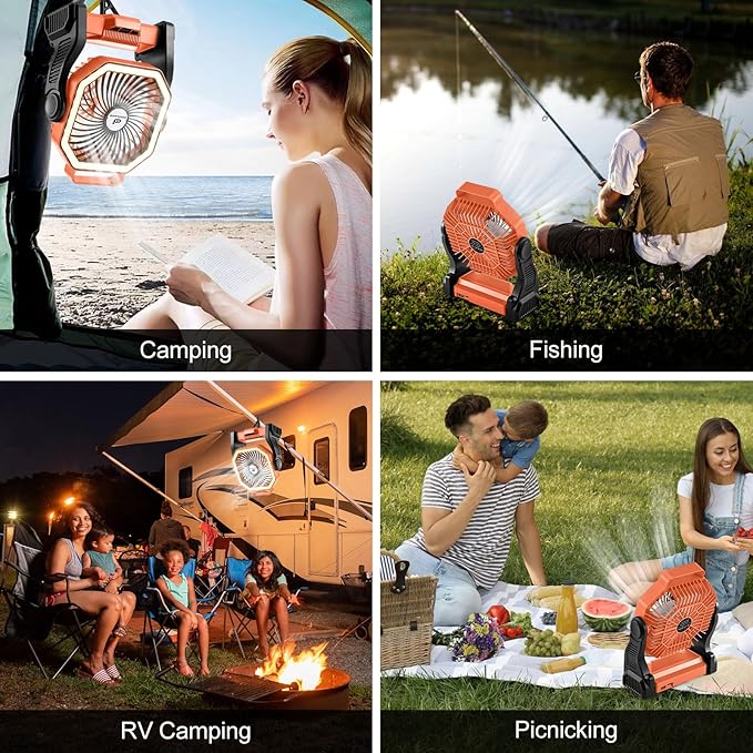 Odoland Rechargeable Camping Fan, 20000mAh Battery Fans with LED Lantern for Tent Car Beach Storm, Portable Light Desk Cooling Fan for Picnic Power Outage Hurricane, Orange
