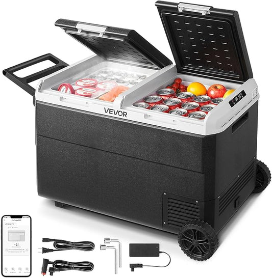 VEVOR 12 Volt Car Refrigerator, 100.4QT/95L Car Fridge, Dual Zone Portable Electric Cooler with Wheels and Handle, -4℉~68℉, 12/24V DC 100-240V AC Compressor Freezer for Outdoor, Camping, Travel, RV