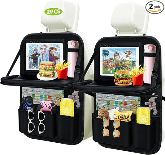 2PC Backseat Car Organizers with Foldable Tablet Holder &Touch Screen Tablet Holder -9+1 Storage Pockets Waterproof Kick Mats Back Seat Protector Car Organizers Road Trip Essentials