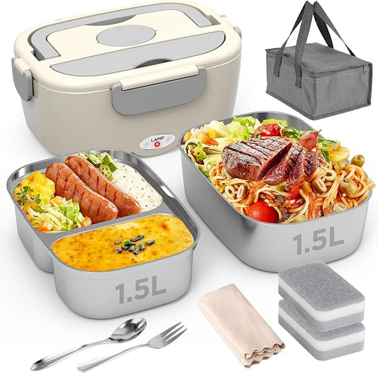 Electric Lunch Box for Men, Women & Adults - 80W Fast Heating - Heated Lunch Box with Dual 1.5L SS Containers - Portable Food Warmer for Car, Truck, Office