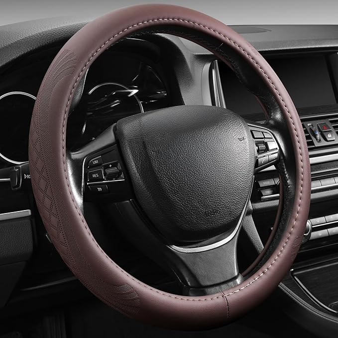 【2025 Model】 Premium Nappa Leather Car Steering Wheel Cover for Men Women, Non-Slip, Breathable, Universal 15 inches Steering Wheels, Brown
