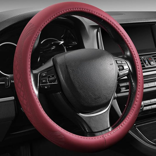 【2025 Model】 Premium Nappa Leather Car Steering Wheel Cover for Men Women, Non-Slip, Breathable, Universal 15 inches Steering Wheels, Red