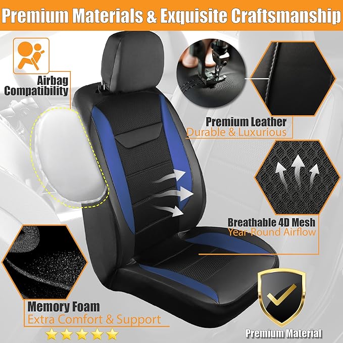 kingphenix 2PCs Memory Foam Leather Car Seat Covers, Breathable 4D Mesh, Easy Install Automotive Seat Protectors, Airbag Compatible, Universal Fit for Cars, Trucks, Vans, SUV - Blue