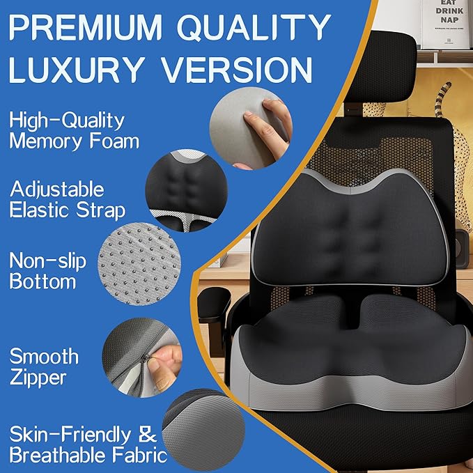 Benazcap X Large Memory Foam Seat Cushion Lumbar Support Pillow for Sciatica & Tailbone Pressure Relief Coccyx Pad for Office Chair, Wheelchair, Car, Home, Office