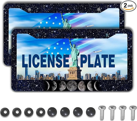 Automotive Exterior Accessories Black and White License Plate Frames Celestial Moon Phases Aluminum Metal Car Accessory 2 Pack with Screw Covers Set