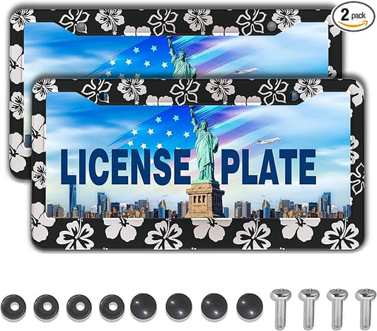 Automotive Exterior Accessories Black and White License Plate Frames Beautiful Hibiscus Flowers Universal Aluminum Car Accessory 2 Pack with Screw Covers Set