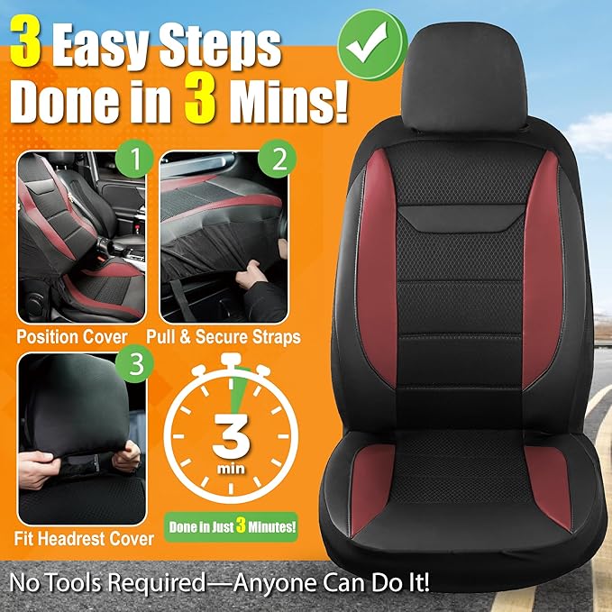 kingphenix 2PCs Memory Foam Leather Car Seat Covers, Breathable 4D Mesh, Easy Install Automotive Seat Protectors, Airbag Compatible, Universal Fit for Cars, Trucks, Vans, SUV - Red