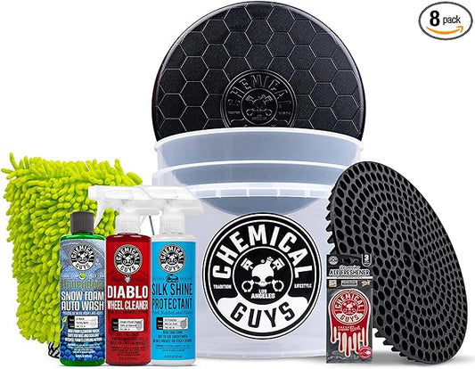 Chemical Guys HOL126L 8-Piece Arsenal Builder Car Wash Kit with Bucket, Dirt Trap, Lid, Wash Mitt, Air Fresheners and (3) 16 oz Car Care Cleaning Chemicals