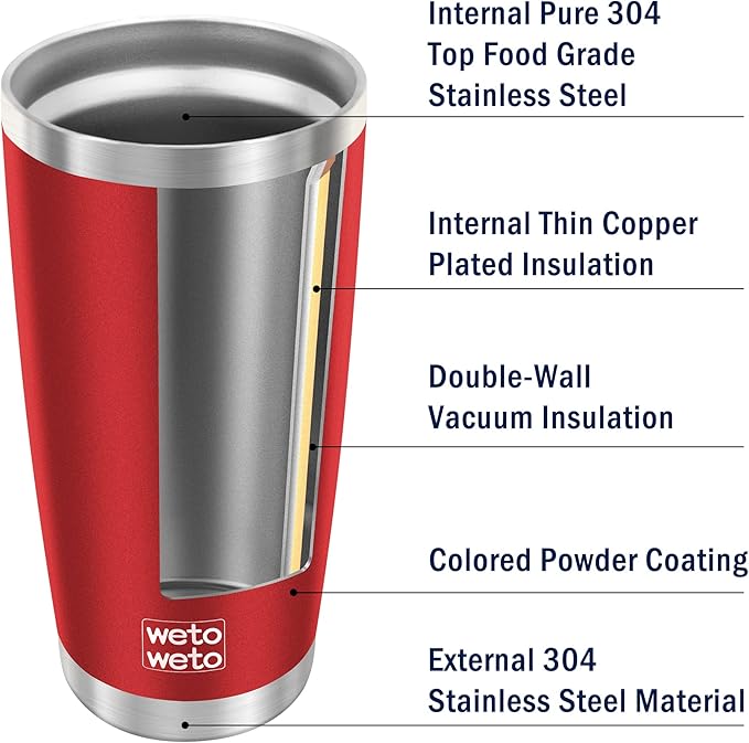 WETOWETO 20oz Tumbler with 2 lids and 2 straws, Stainless Steel Vacuum Insulated Water Coffee Tumbler Cup, Double Wall Powder Coated Leak-proof Travel Mug (Red, 1 Pack)
