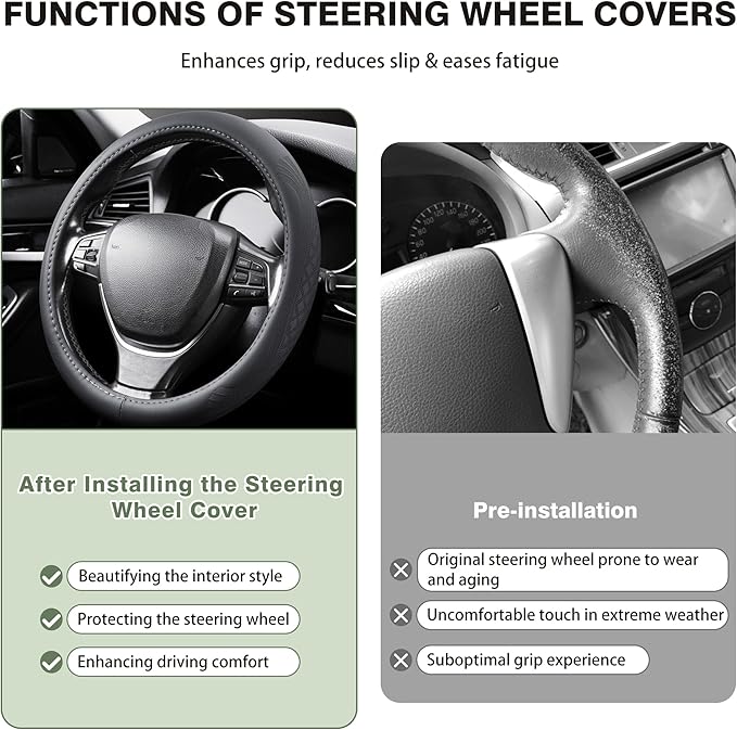 【2025 Model】 Premium Nappa Leather Car Steering Wheel Cover for Men Women, Non-Slip, Breathable, Universal 15 inches, Black