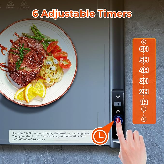 Warming Mat for Food,Silicone Electric Warming Tray for Buffets Party and Home,10s Fast Full Surface Food Heating pad,Portable Design for Daily Use,8 Temperture Settings & 1-6h Timer (Dark Grey)