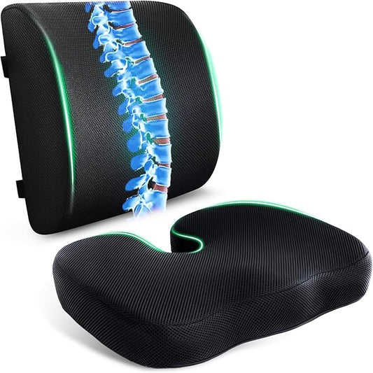 Seat Cushion & Adjustable Lumbar Support Pillow Set,Charcoal Memory Foam for Sciatica,Back & Tailbone Pain Relief,Washable Cover & Non-Slip,Ergonomic for Office Chair,Car,Wheelchair -Black