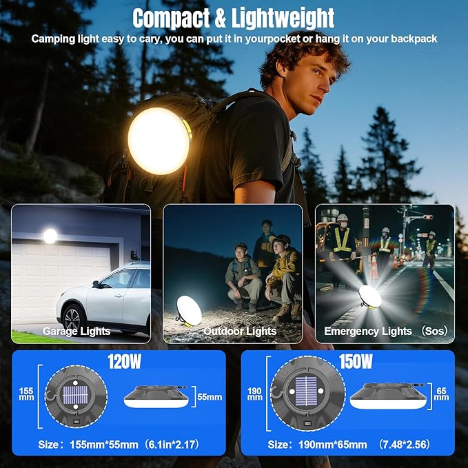 16000mAh 26000LM Solar Portable LED Camping Lantern, Rechargeable Light 150W with Magnet , Flashlight, IPX66 Waterproof Tent Lights Power Failure Emergency for Power Outages, Emergency, Tent, Outdoor