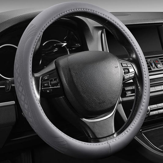【2025 Model】 Premium Nappa Leather Car Steering Wheel Cover for Men Women, Non-Slip, Breathable, Universal 15 inches Steering Wheels, Grey