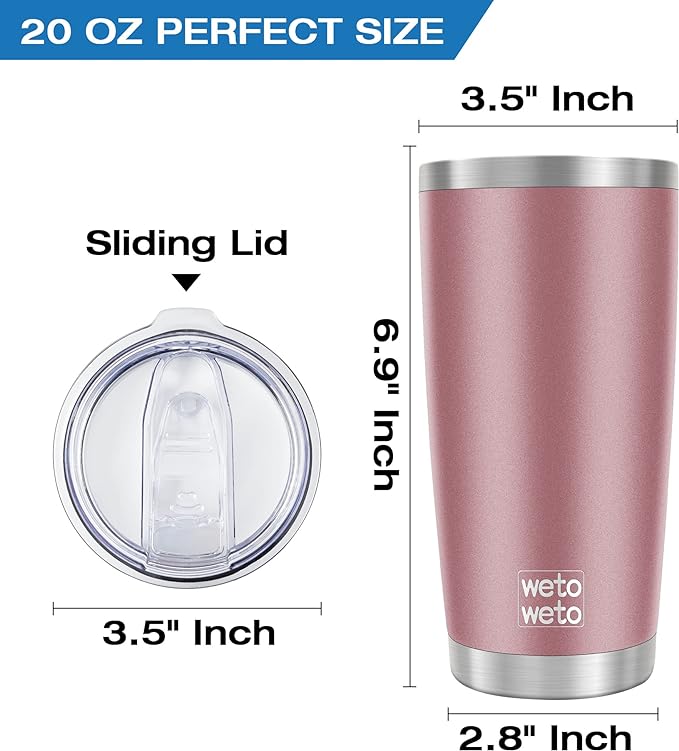 WETOWETO 20oz Insulated Stainless Steel Tumbler, Double Wall Vacuum Travel Coffee Mug, Powder Coated Tumbler Cup (Rose Gold,1)
