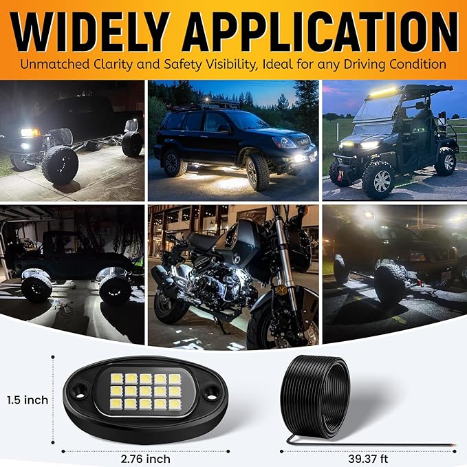 YONEDA 16 Pods White Rock Lights 6000K Ultra Bright LED Neon Underglow Lights IP68 Waterproof for Trucks SUV UTV ATV RZR Car Boats Pickup Motorcycle with 39.37in Extension Wire