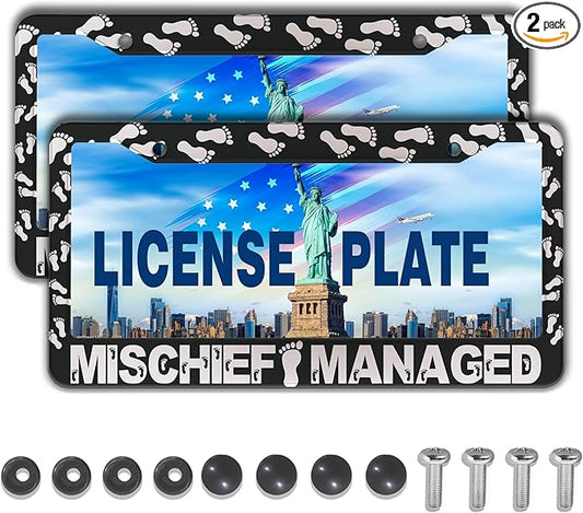 Automotive Exterior Accessories Black and White License Plate Frames Mischief Managed Universal Aluminum Car Accessory 2 Pack with Screw Covers Set