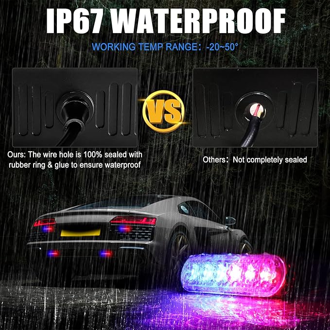 10pcs LED Emergency Strobe Light, 6-LED Ultra Slim Surface Mount Flashing Warning Beacon Hazard Construction Caution Grille Light Bar for Truck Car Off Road Vehicles SUV ATV (Red Blue)