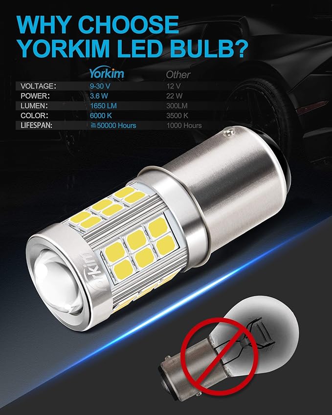 Yorkim 1157 LED Bulb, super bright 2357 led bulb 2057 7528 BAY15D Replacement for led Reverse Blinker Brake Tail Lights, 6000K Xenon White, pack of 2