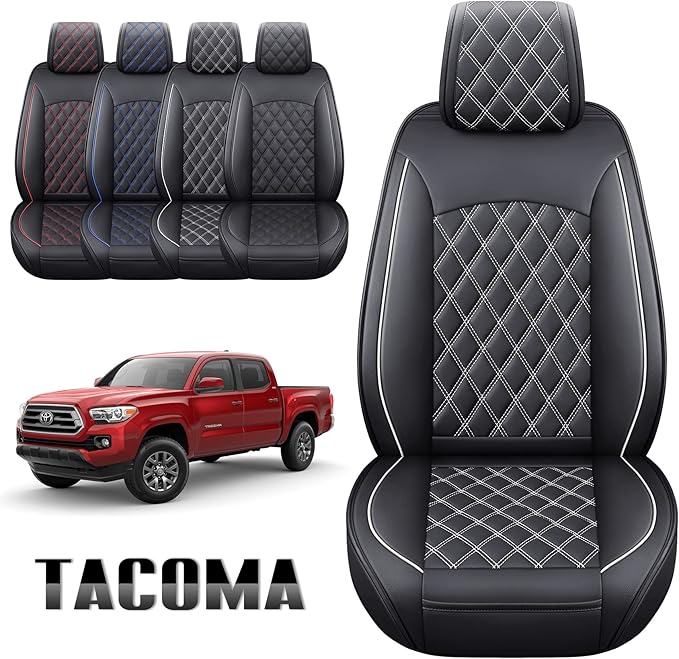 Aierxuan Toyota Tacoma Seat Covers Custom Fit 2005-2025 TRD Sport Nightshade Edition Access Cab Pickup Truck Waterproof Leather Front Car Cushions(2 PCS Front, Black-White)