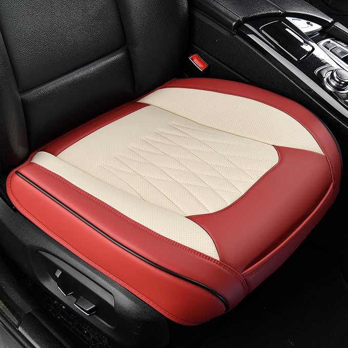 2 Pack Front Car Seat Bottom Covers, Universal Auto Seat Cushions, Nappa Leather Full Wrapping Edge Compatible with Most of Vehicles - SUVs/Sedans/Pickup Trucks, Wine Red&White