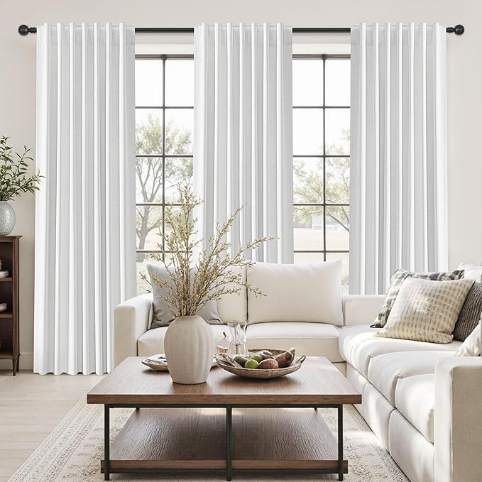 UHITECH 100% Blackout Curtains for Bedroom 84 Inches Length 2 Panels Set White Curtain Textured Linen Black Out for Living Room Window Back Tab Linen Drapes