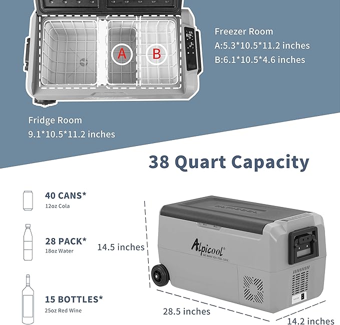 Alpicool T36 Dual Temperature Control 12 Volt Refrigerator 38 Quart Portable Car Fridge Freezer (-4°F~68°F) for Truck, RV, Boat, Camping and Travel