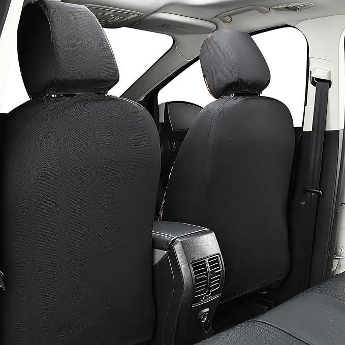 Flying Banner Synthetic Leather car seat Covers Full Set Front and Rear Bench Fashion Easy Installation Cup Holder Free (Black & Leopard Print, Low Bucket - Full Set)