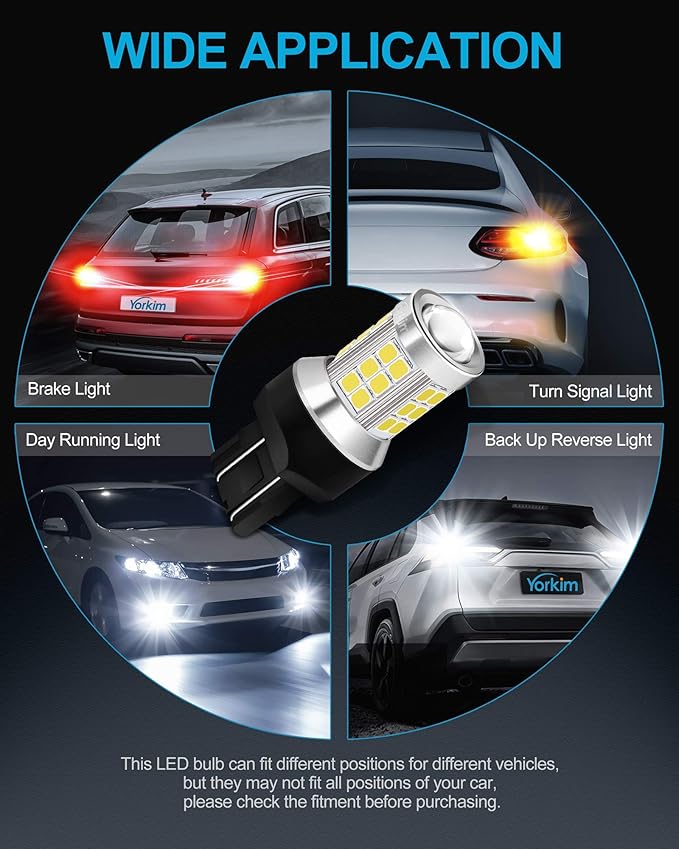Yorkim 7443 led bulb, super bright 7440 led bulb T20 LED Bulbs with Projector Replacement for led Reverse Blinker Brake Tail Lights, 6000K Xenon White, pack of 2