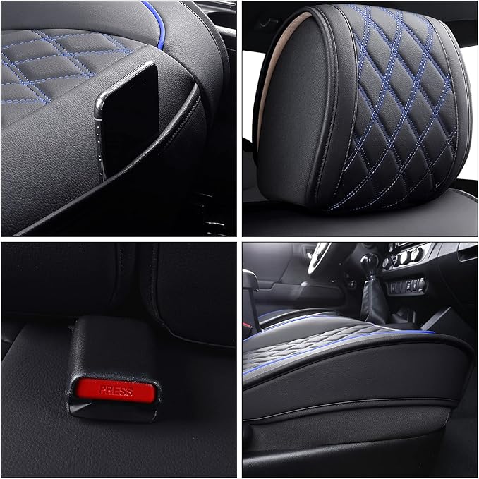 Aierxuan Toyota Tacoma Car Seat Covers Custom Fit 2005-2025 TRD Pro Army Green Nightshade Edition Access Cab Pickup Truck Waterproof Leather Full Seat Cushions(Full Set, Black-Blue)