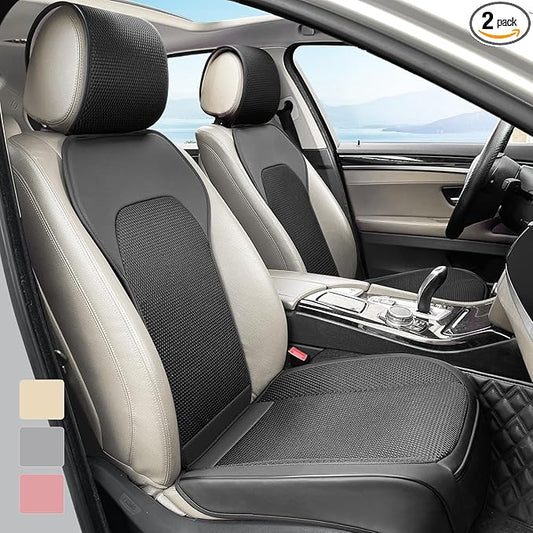 2 Pack Breathable Front Car Seat Covers with Steering Wheel Cover, 3D Ice Silk Fabric and Leather Automotive Car Seat Protectors Four Seasons, Universal Car Seat Cushion for Cars Trucks SUVs(Black)