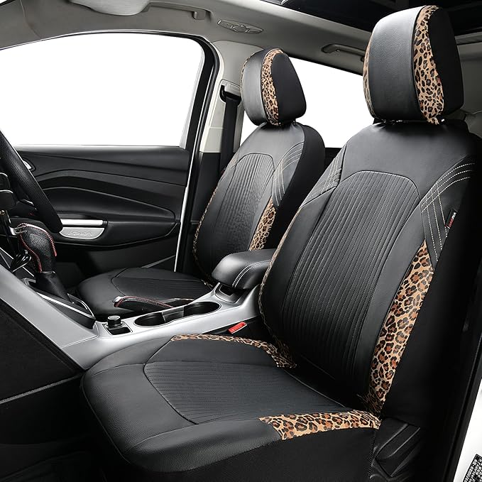 Flying Banner Synthetic Leather car seat Covers Full Set Front and Rear Bench Fashion Easy Installation Cup Holder Free (Black & Leopard Print, Low Bucket - Full Set)