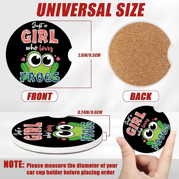 Frog Car Coasters for Cup Holders, Frog Lover Absorbent Ceramic Car Coaster Car Cup Holder Coaster Car Accessories for Women Men (2 Pack)