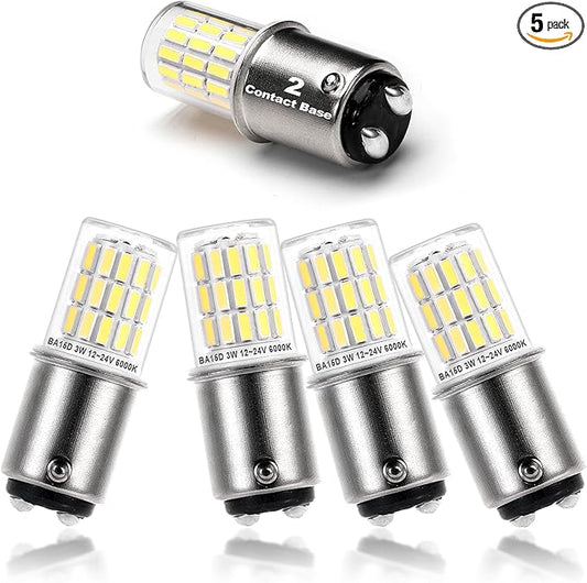 12V BA15D LED RV Camper Interior Light Bulbs,1076 1142 1176 S8 3W 6000K Daylight Bright White,Double Contact DC Bayonet Base,AC10-24V DC10-30V Low Voltage BA15D for Marine Boat Trailer Lights,5Pack