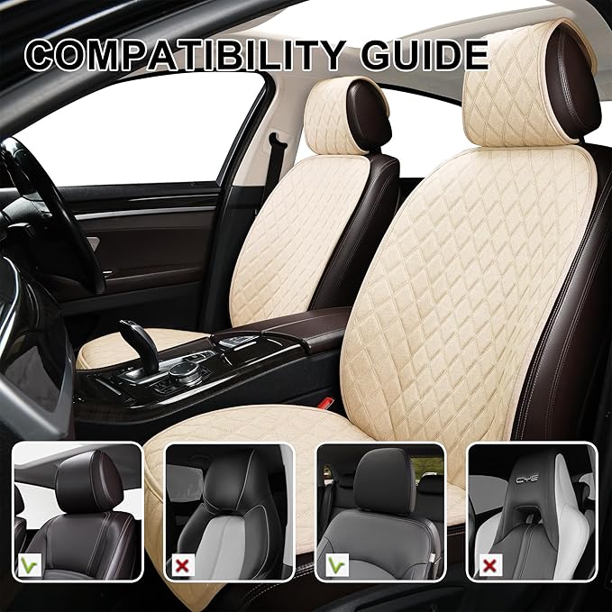 2PCS Linen Front Seat Covers for Cars Sideless Seat Covers Breathable Cloth Fabric Car Seat Protector Universal Fit Most Automotive, SUV, Trucks, Van(Beige)
