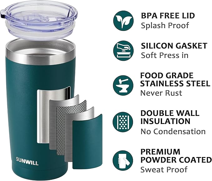 SUNWILL Travel Coffee Tumbler 20 oz, Insulated Mug with Lid, Stainless Steel Cup for Outdoor, Powder Coated Dark Green