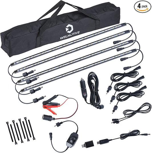 12V LED Interior Light Bar Kit, 4 Bars White Adjustable Brightness RV Camping Lights - Waterproof IP67, Magnetic & Velcro Mount, Portable Lighting for Tent, Car, Trailer, Boat, Truck, Off-Road, Cabin